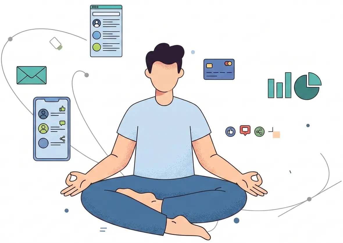Illustration of a person meditating, surrounded by marketing, analytics, and communication app icons